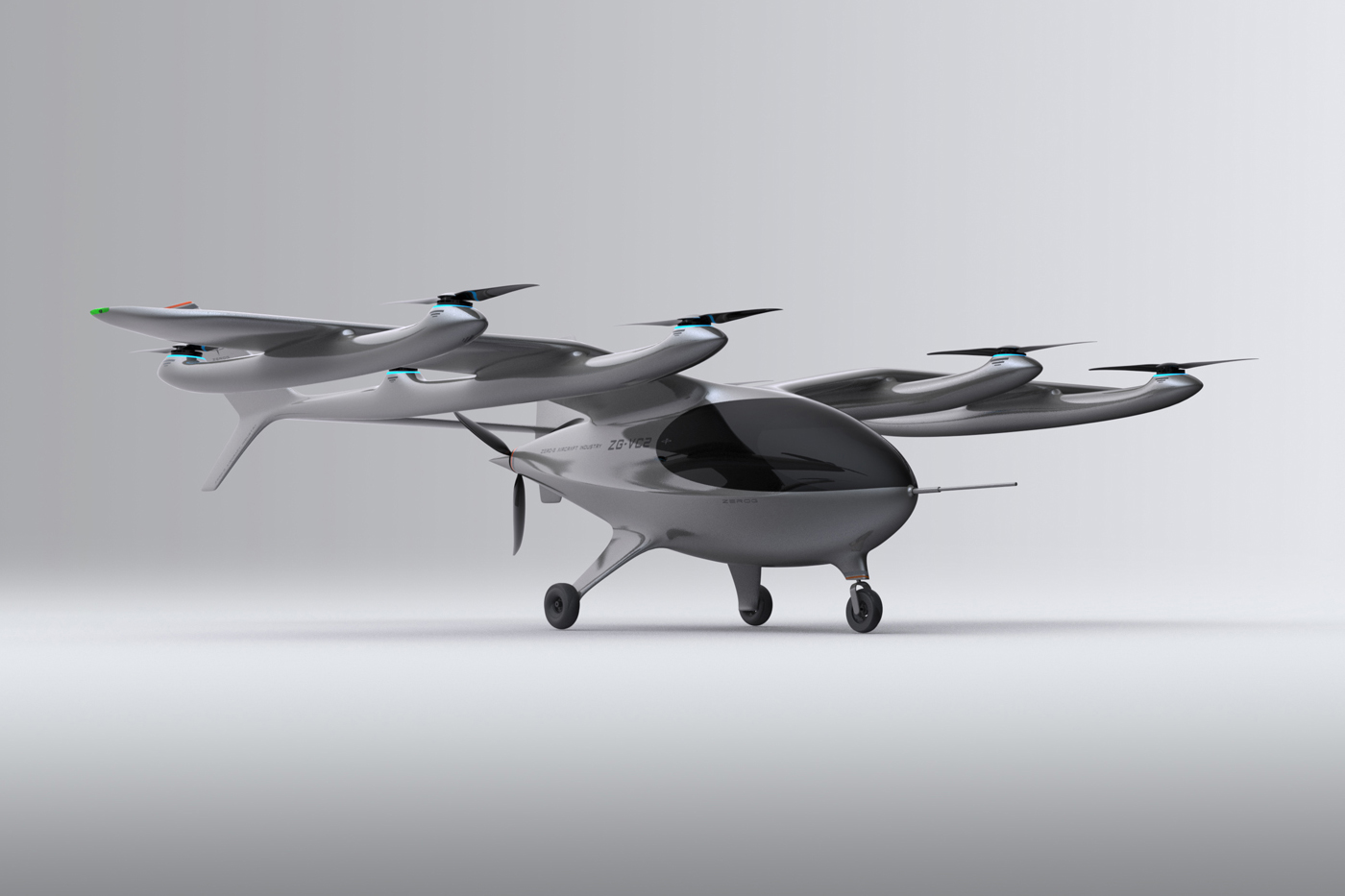 Zero Gravity ZG-VC2 passenger eVTOL concept design aircraft, front view Zero Gravity ZG-VC2 passenger eVTOL concept design aircraft, front view